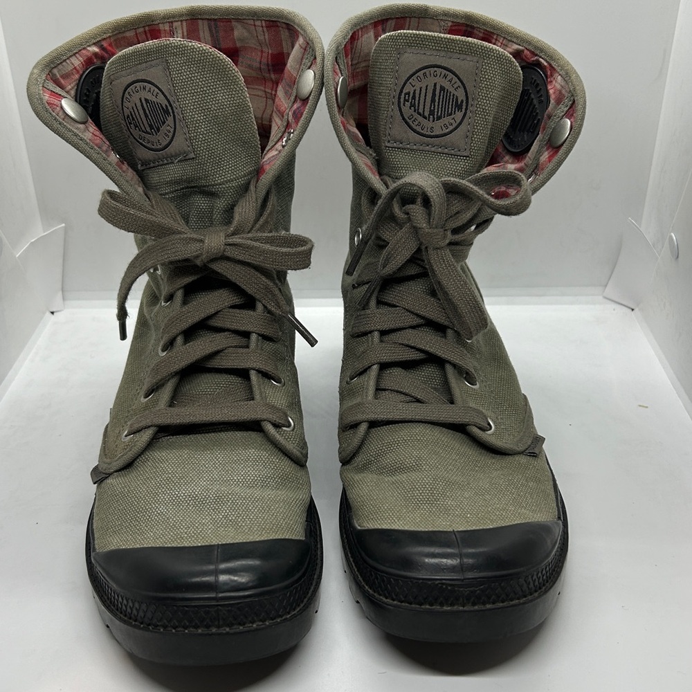 Palladium Baggy Olive Canvas w Red Plaid Fold Over Lace-Up Boots - Men’s Size 9 - Picture 2 of 12